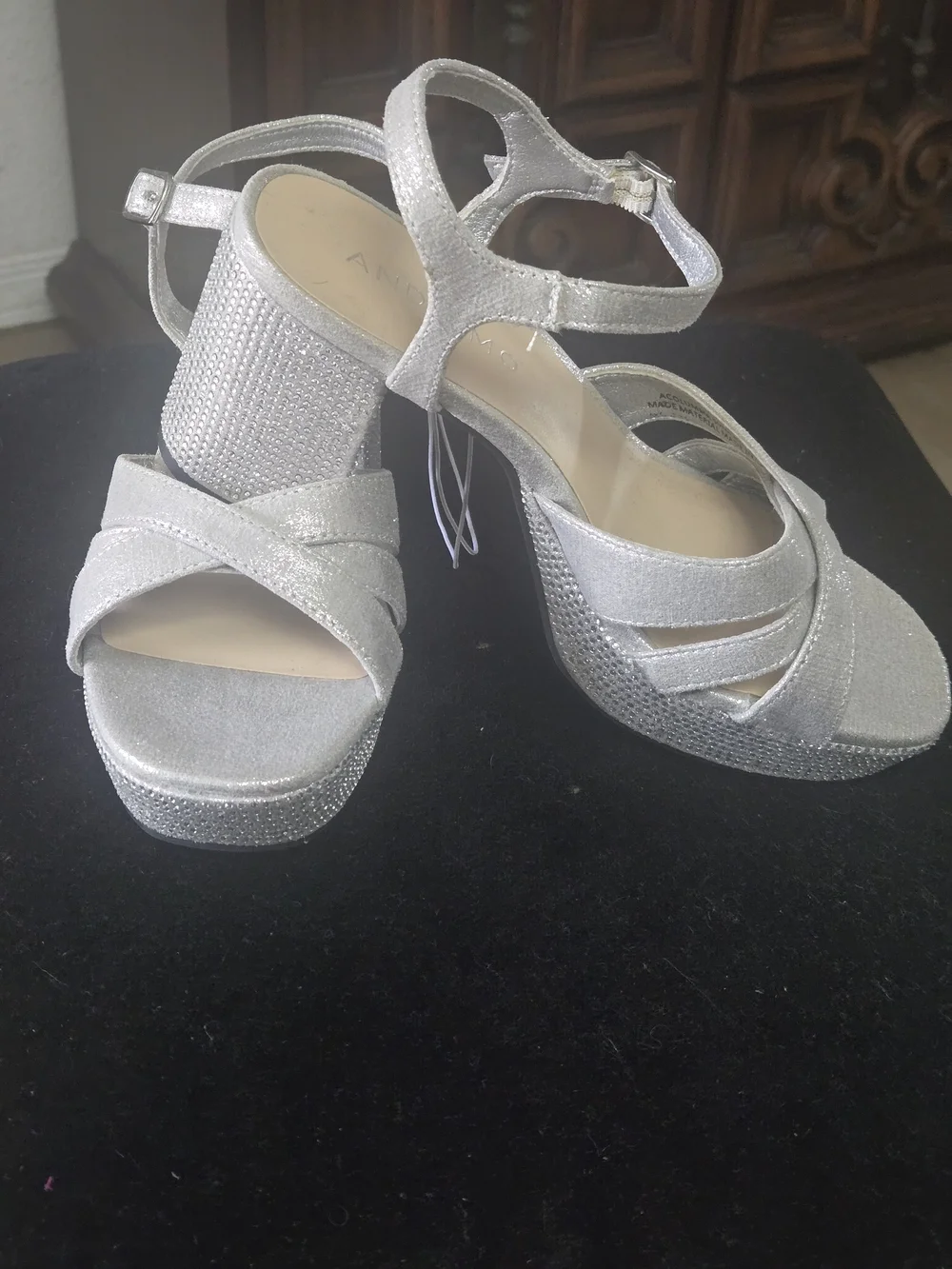 Sparkle Platform Heeled Sandals in Silver with Ankle Strap
